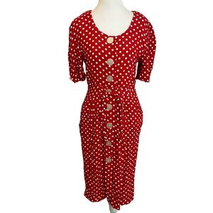 Vintage Red Polka Dot Midi‎ Dress Button Front Short Sleeve Career Party